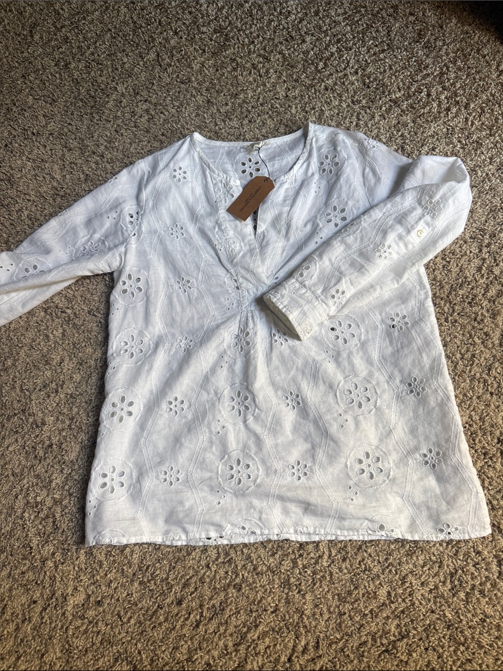 Christian Siriano White Eyelet V-Neck Tunic